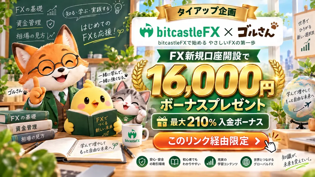bitcastleFX×ゴルさんのタイアップ企画。FX新規口座開設で16,000円ボーナスプレゼント、最大210％入金ボーナス